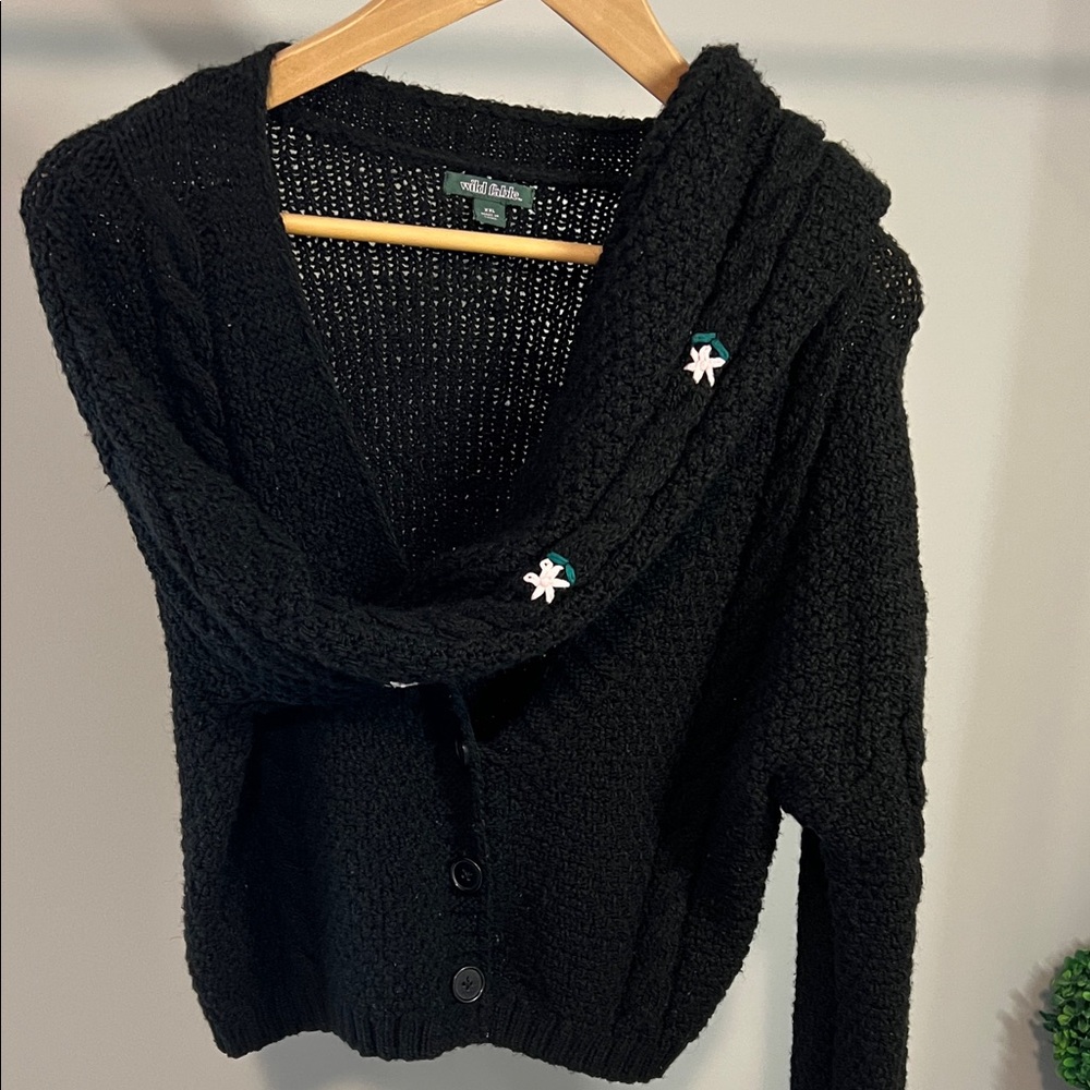Embroidered Pink Flowers Black Cardigan